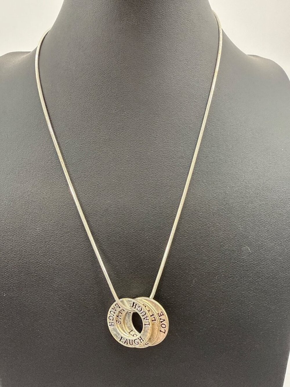 Silver Live Laugh Love Triple Circle Ring Pendant Snake Chain Necklace